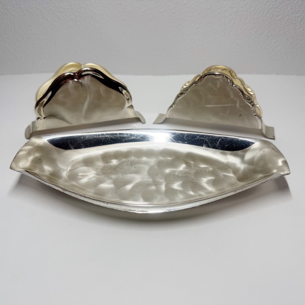 Vintage WMF Ikora Brushed Silver Plate Relish Dish and Napkin Holders